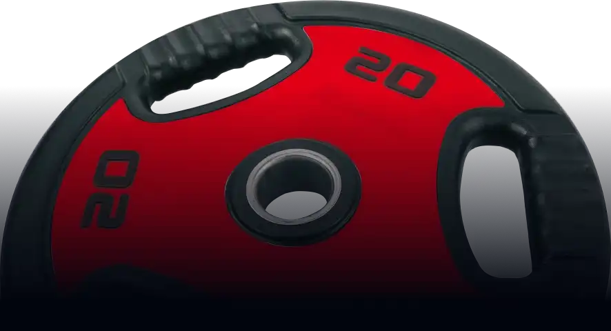 Rotha Fitness's red weight plate with a modern and minimalist design, spinning to show details.