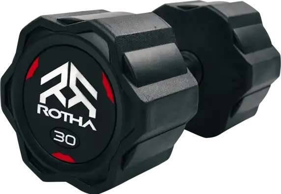 Rotha Fitness dumbbells with a modern and minimalist design, stacked on a dark surface.
